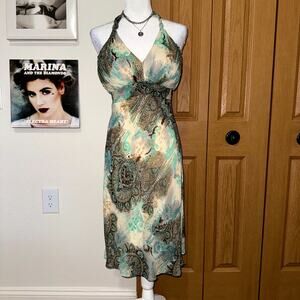 VTG Y2K APNY Halter Midi Dress Women's 10 Beige Teal Paisley Print Boho Tie Back